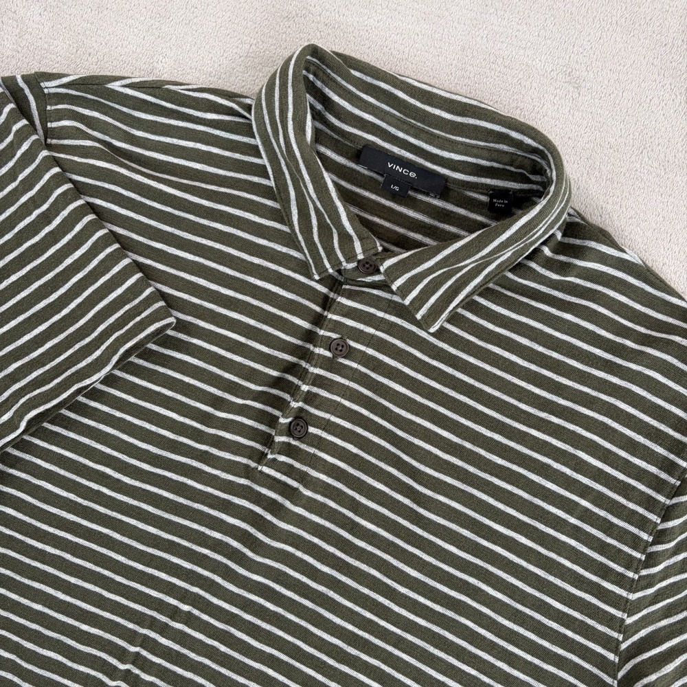 Vince Peruvian Cotton Polo Shirt in Green Grey Striped Men Large Short Sleeve